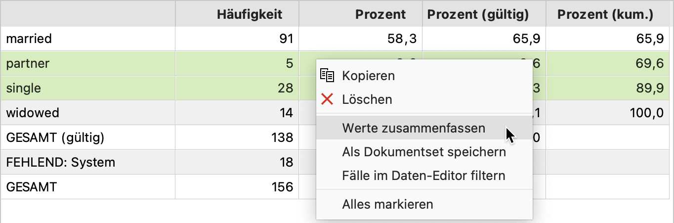 Mehrere Werte zusammenfassen mithilfe des Kontextmenüs Mehrere Werte zusammenfassen mithilfe des Kontextmenüs