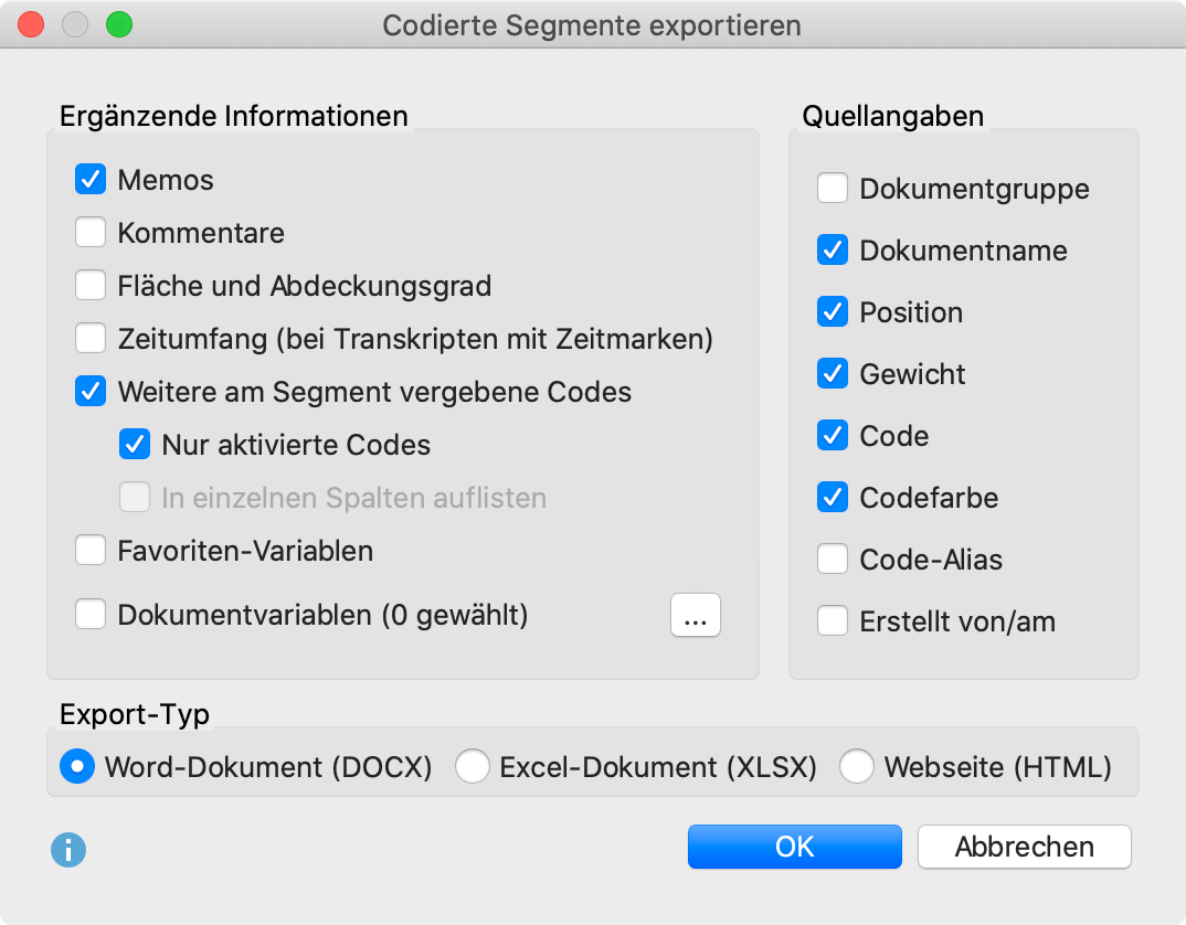 Optionen für den Export der codierten Segmente Optionen für den Export der codierten Segmente“