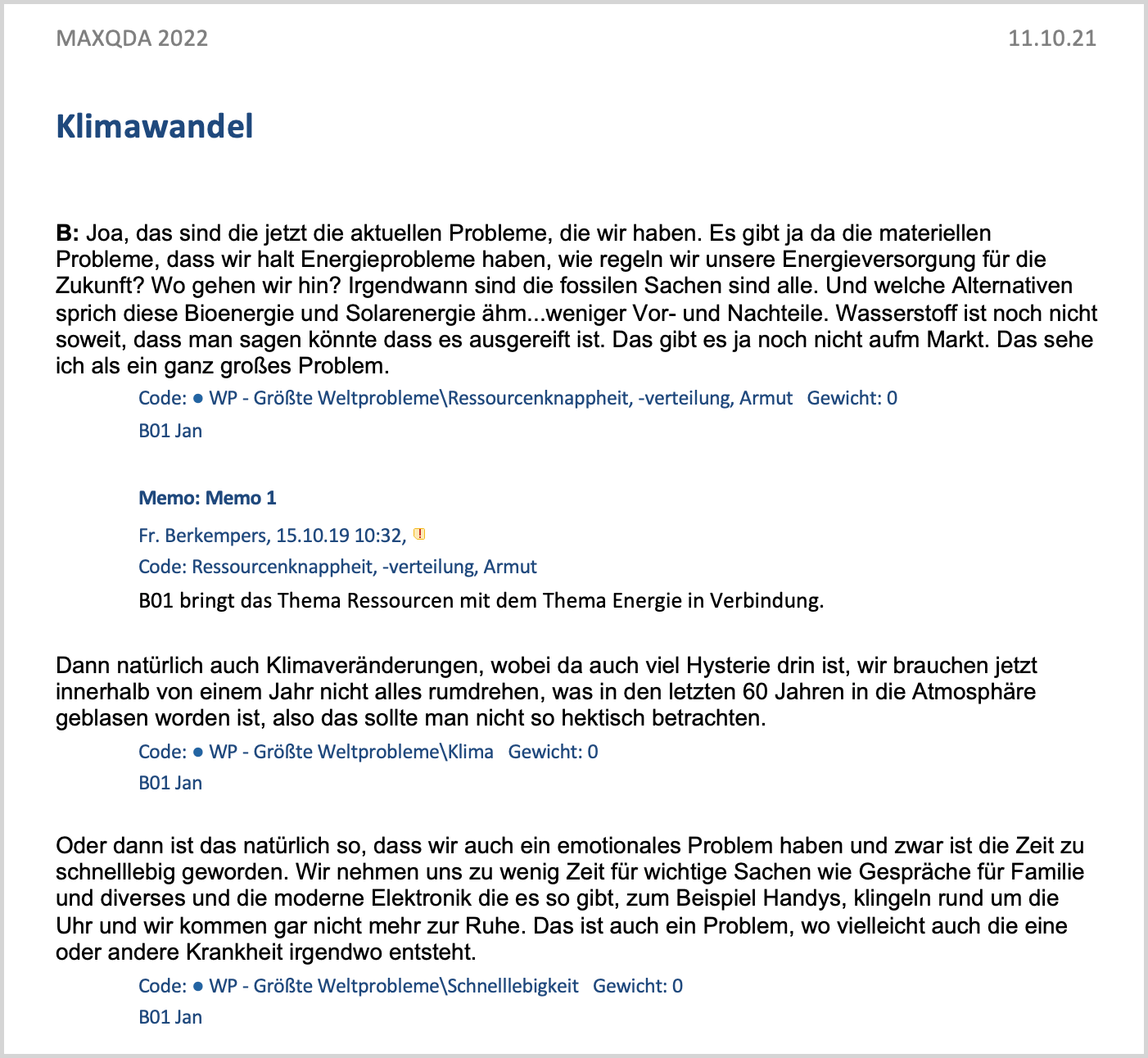 Export codierter Segmente als Fließtext (Auszug) Export codierter Segmente als Fließtext (Auszug)