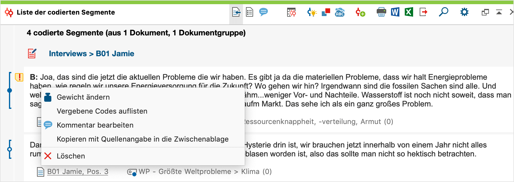 Kontextmenü für ein codiertes Segment Kontextmenü für ein codiertes Segment