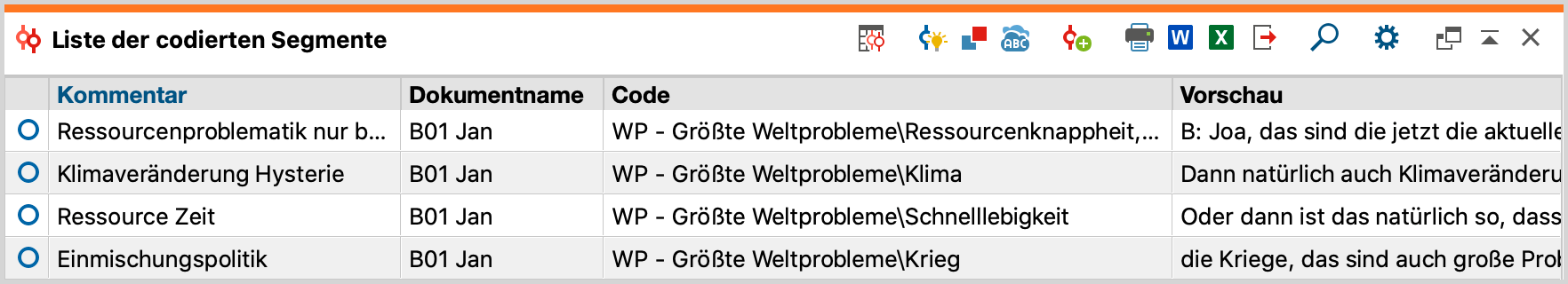 Die „Liste der codierten Segmente“ in tabellarischer Ansicht Die „Liste der codierten Segmente“ in tabellarischer Ansicht