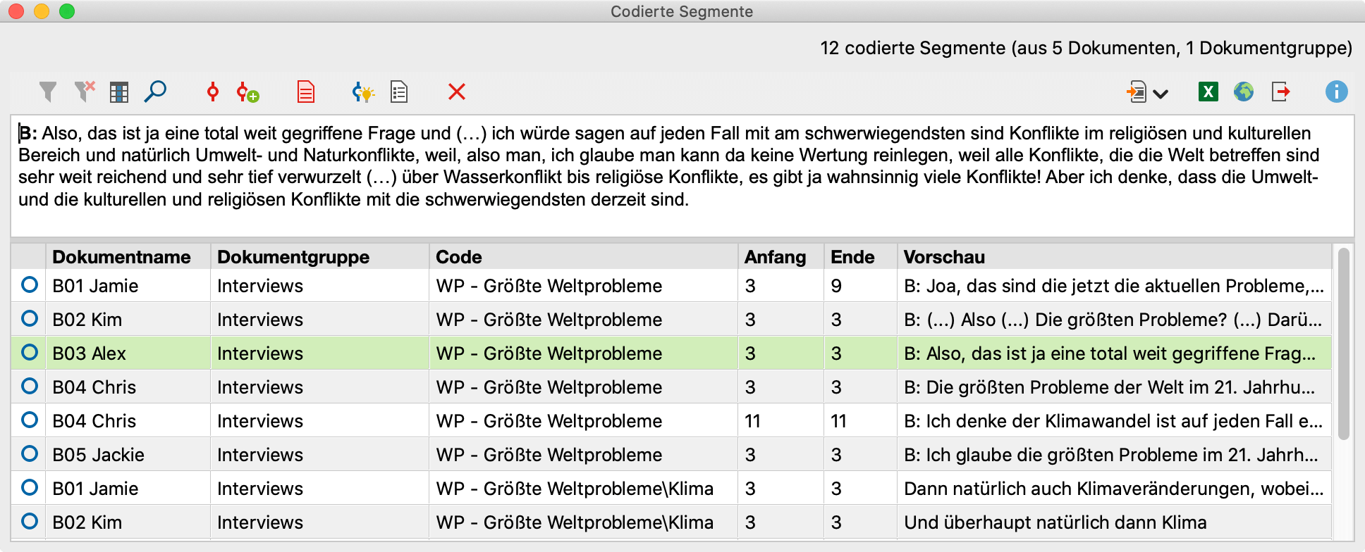 Das zweigeteilte Fenster der „Übersicht codierte Segmente“ Das zweigeteilte Fenster der „Übersicht codierte Segmente“