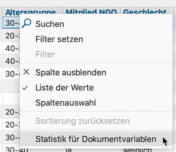 Statistische Auswertung im Dateneditor anfordern Statistische Auswertung im Dateneditor anfordern