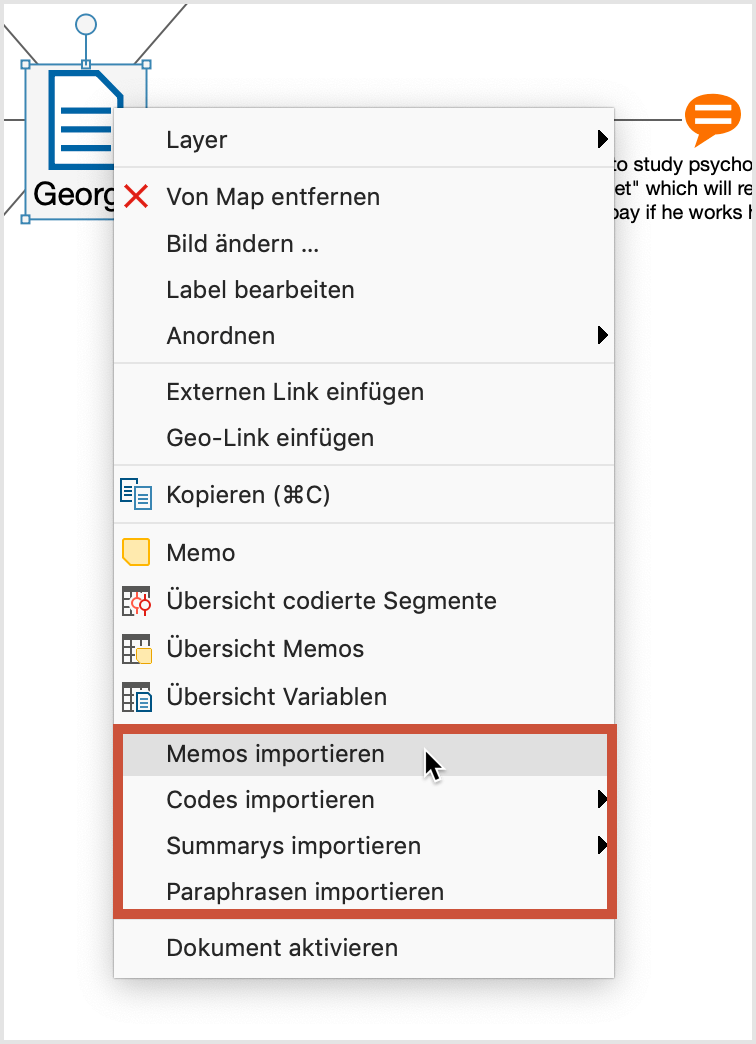 Kontextmenü für ein Dokument-Symbol auf der Map Kontextmenü für ein Dokument-Symbol auf der Map