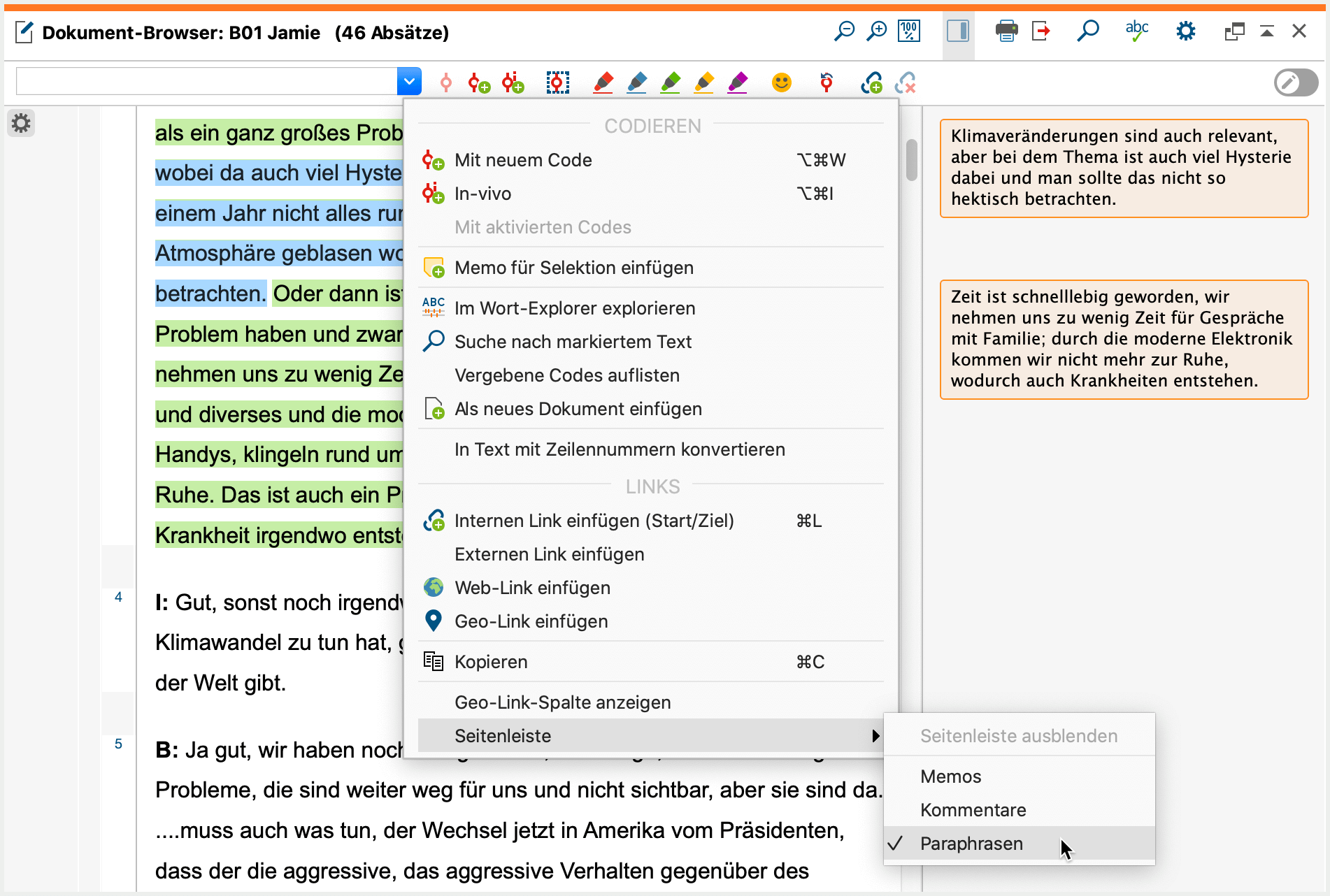 Seitenleiste im „Dokument-Browser“ mit Paraphrasen einschalten Seitenleiste im „Dokument-Browser“ mit Paraphrasen einschalten