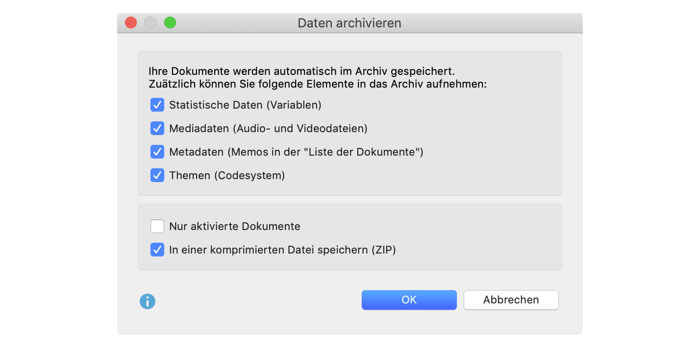 Archivierung von Projektdaten für die Nachnutzung: Optionsdialog Archivierung von Projektdaten für die Nachnutzung: Optionsdialog