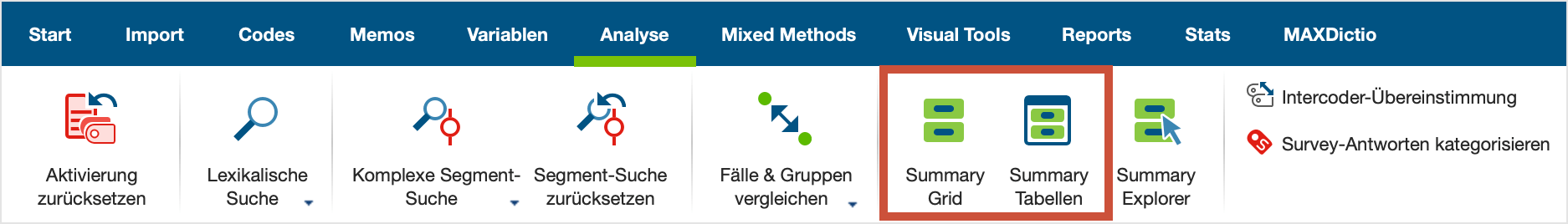 Summary-Funktionen auf dem Tab „Analyse“ Summary-Funktionen auf dem Tab „Analyse“