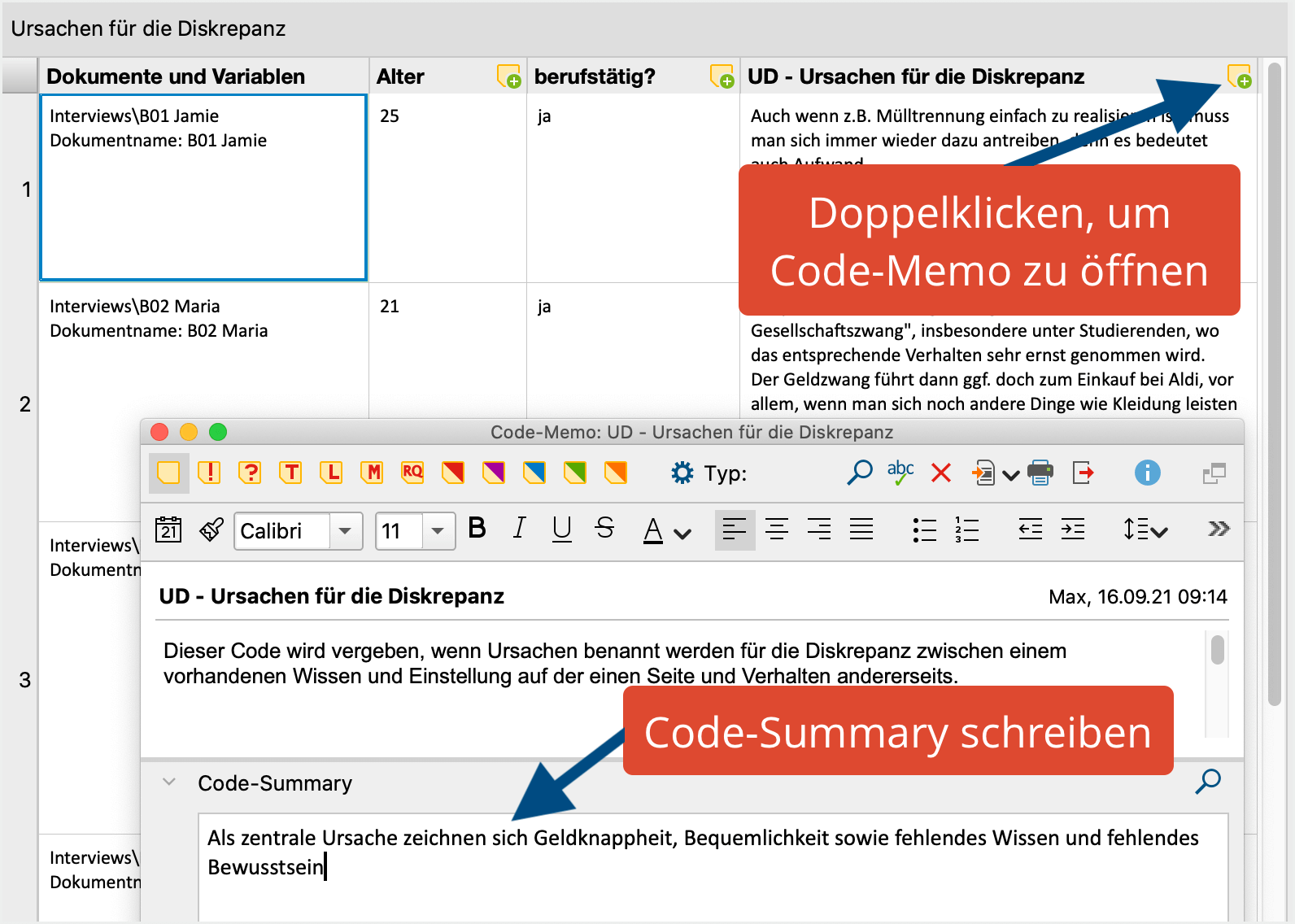 Code-Summary schreiben im Code-Memo Code-Summary schreiben im Code-Memo