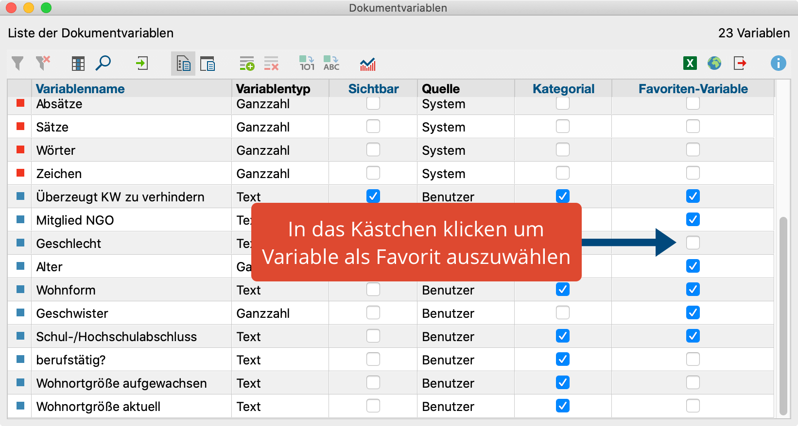 Dokumentvariable als Favoriten-Variable kennzeichnen Dokumentvariable als Favoriten-Variable kennzeichnen
