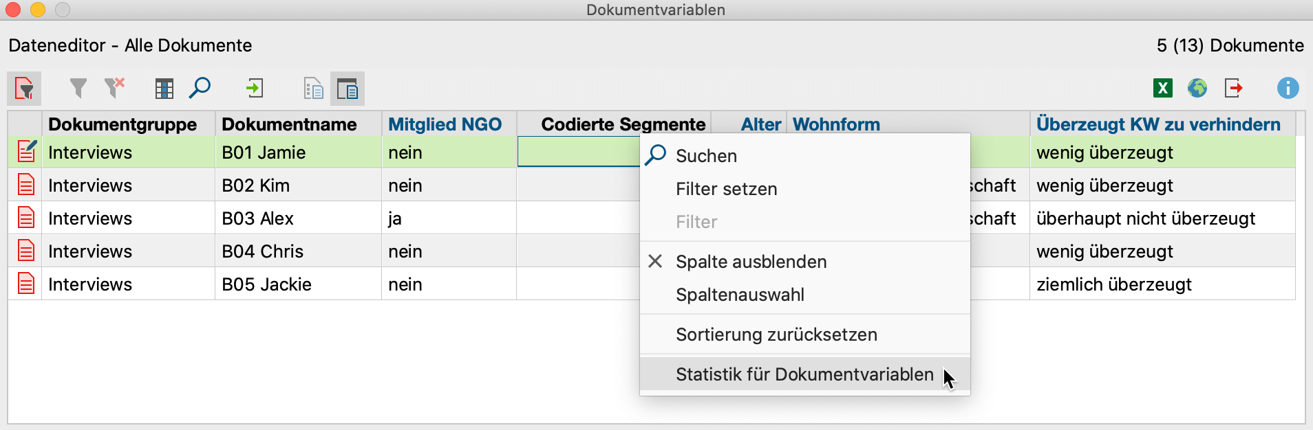 Statistische Auswertung im Dateneditor anfordern Statistische Auswertung im Dateneditor anfordern
