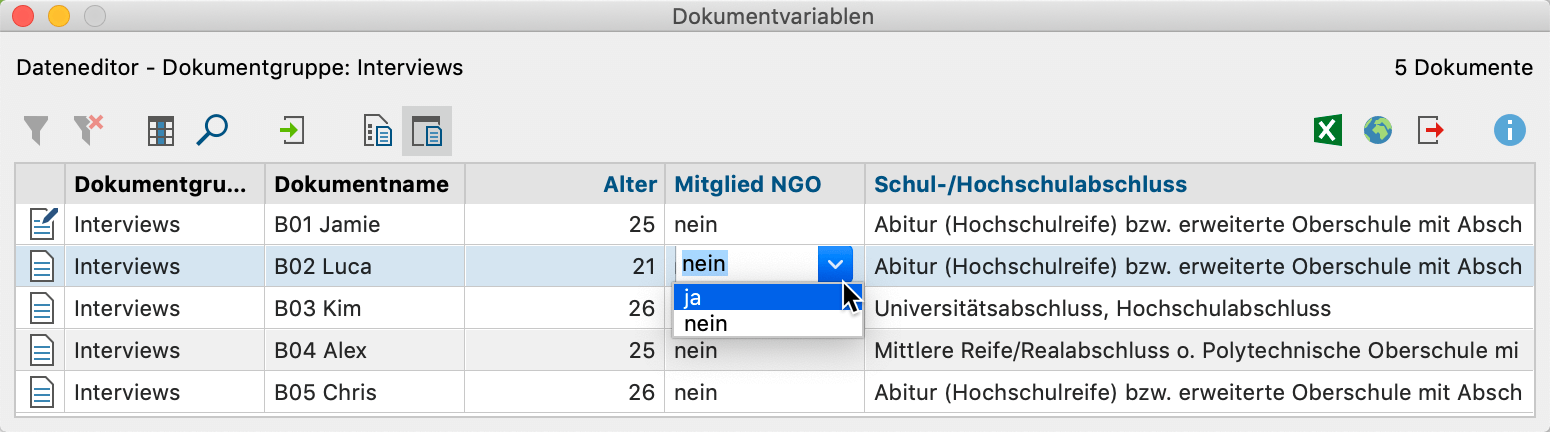 Aufgeklappte Pickliste bei der Eingabe von Variablenwerten Aufgeklappte Pickliste bei der Eingabe von Variablenwerten