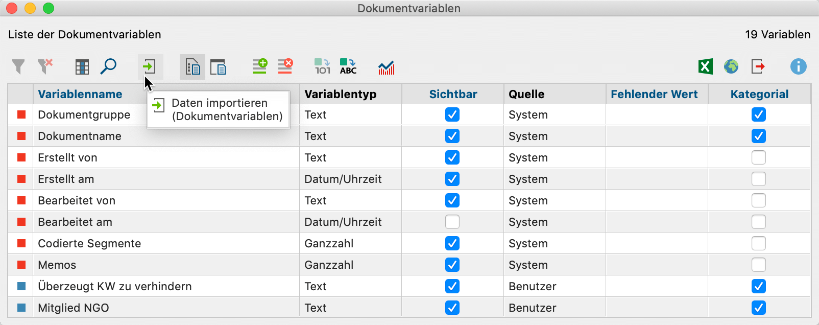 Icon zum Importieren von Daten in der „Liste der Dokumentvariablen“ Icon zum Importieren von Daten in der „Liste der Dokumentvariablen“
