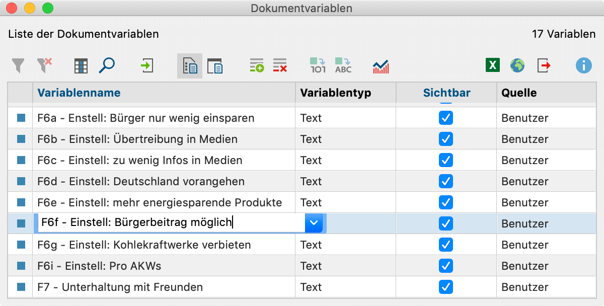 Variable in der Liste der Dokumentvariablen Variable in der Liste der Dokumentvariablen
