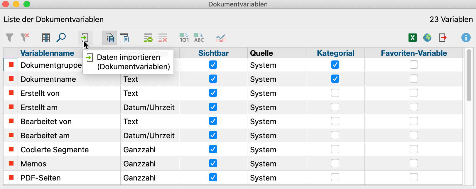 Icon zum Importieren von Daten in der „Liste der Dokumentvariablen“ Icon zum Importieren von Daten in der „Liste der Dokumentvariablen“