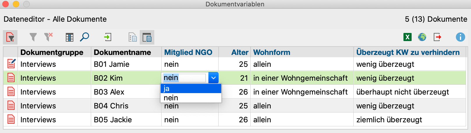 Aufgeklappte Pickliste bei der Eingabe von Variablenwerten Aufgeklappte Pickliste bei der Eingabe von Variablenwerten