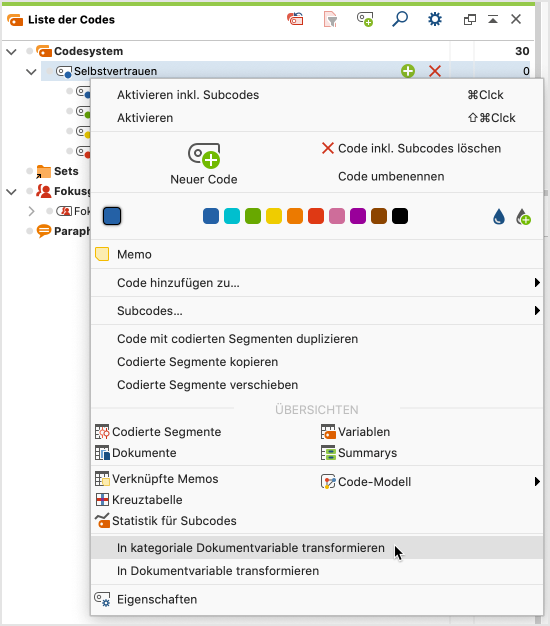 Aufruf der Funktion „in kategoriale Variablen transformieren“ aus dem Kontextmenü Aufruf der Funktion „in kategoriale Variablen transformieren“ aus dem Kontextmenü