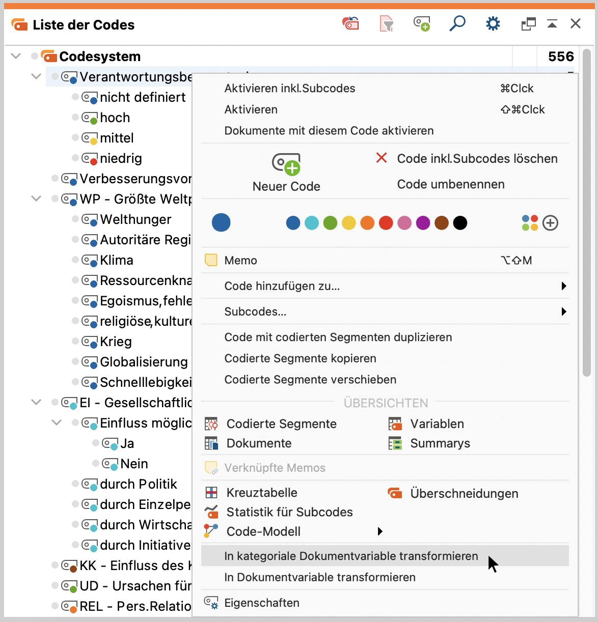 Aufruf der Funktion „in kategoriale Variablen transformieren“ aus dem Kontextmenü Aufruf der Funktion „in kategoriale Variablen transformieren“ aus dem Kontextmenü