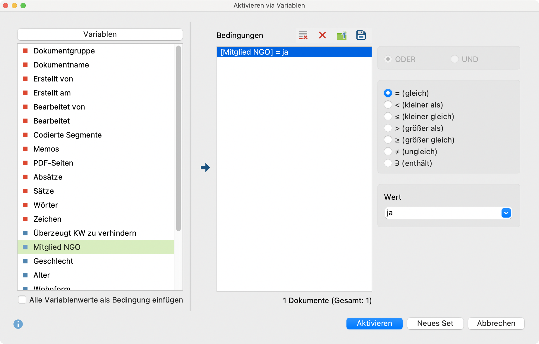 Dialogfenster „Aktivieren via Variablen“ Dialogfenster „Aktivieren via Variablen“