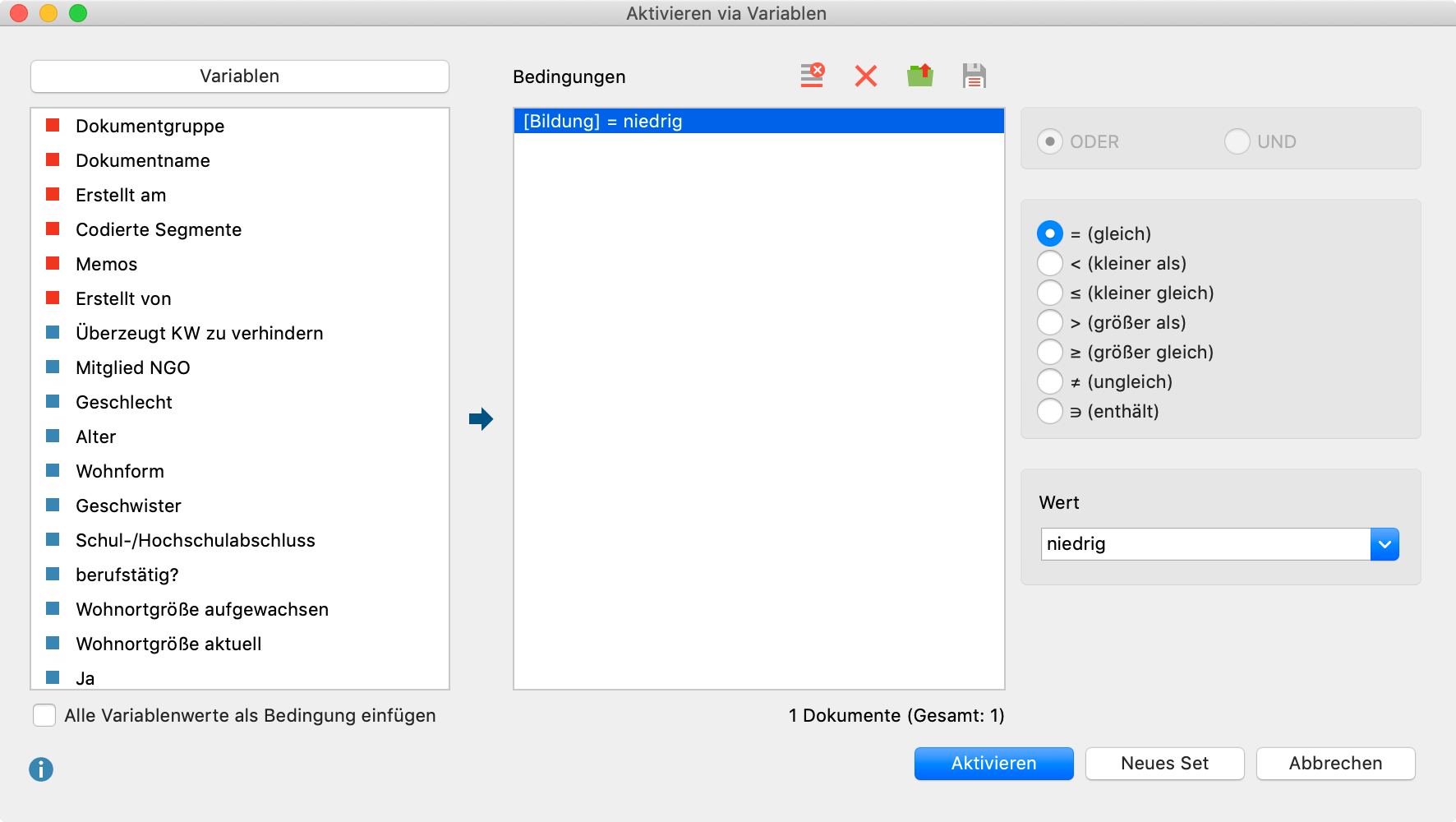 Dialogfenster „Aktivieren via Variablen“ Dialogfenster „Aktivieren via Variablen“