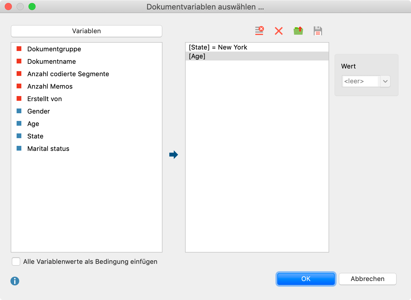 Dokumentvariablen für das Joint Display „Statistik für qualitative Gruppen“ auswählen Dokumentvariablen für das Joint Display „Statistik für qualitative Gruppen“ auswählen