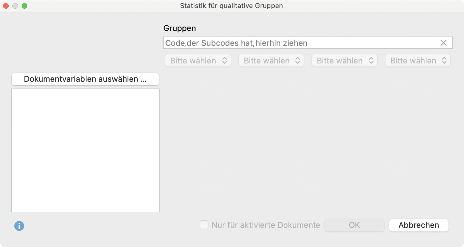 Optionsdialog für die Erstellung eines Joint Displays „Statistik für qualitative Gruppen“ Optionsdialog für die Erstellung eines Joint Displays „Statistik für qualitative Gruppen“