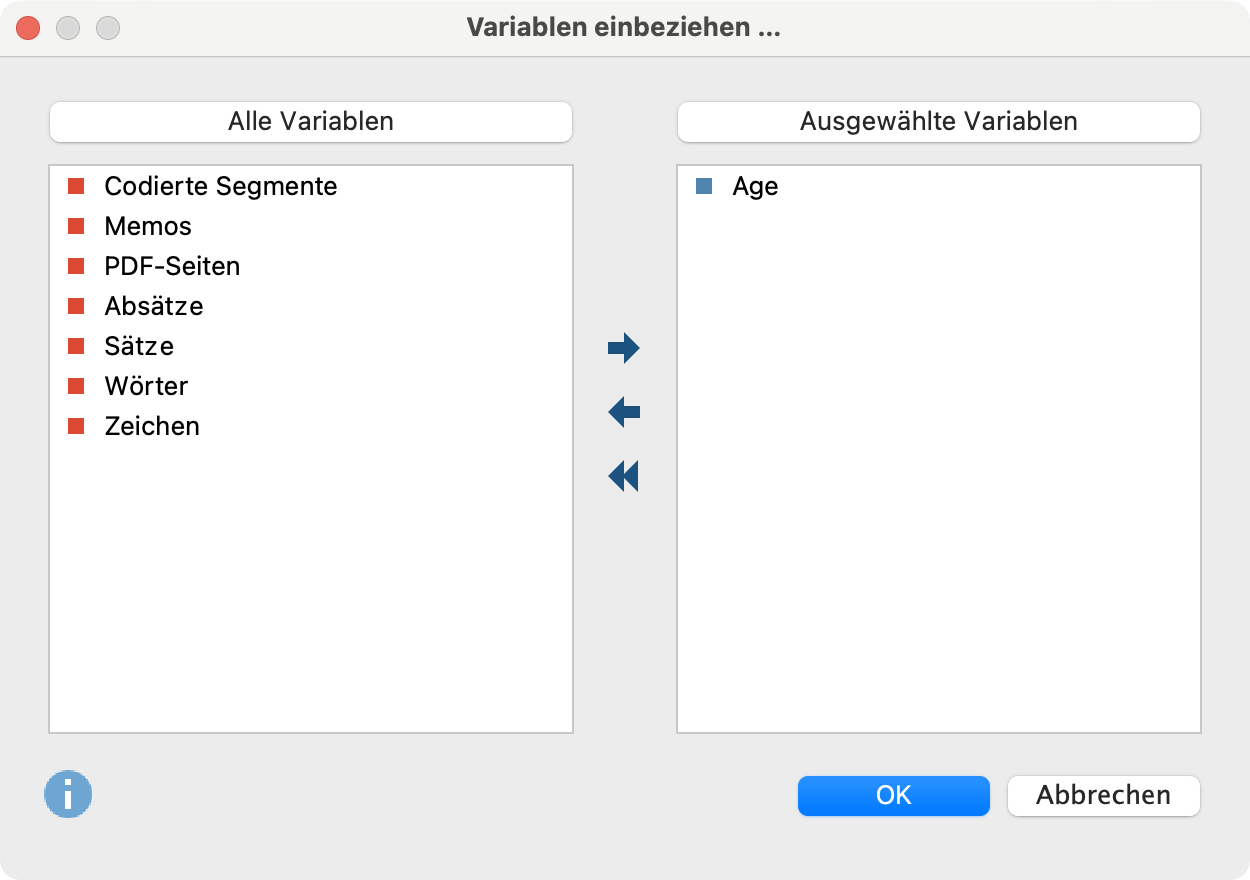 Variablenwerte auswählen bei der Analyseart „Häufigkeit des Codes“ Variablenwerte auswählen bei der Analyseart „Häufigkeit des Codes“