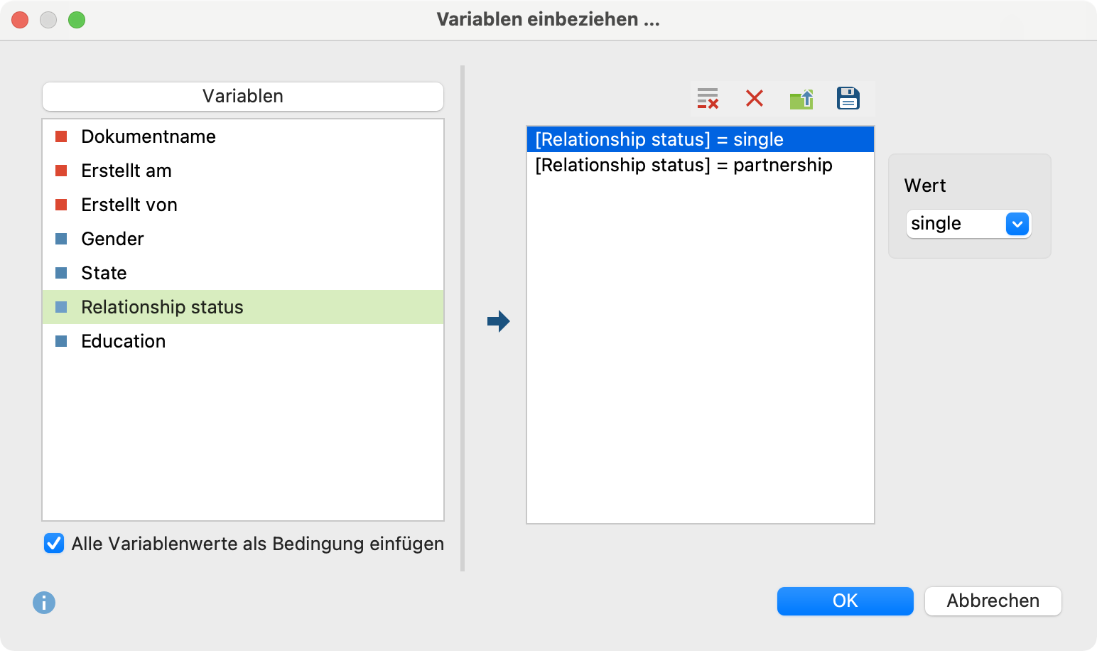Variablenwerte auswählen bei der Analyseart „Vorkommen des Codes“ Variablenwerte auswählen bei der Analyseart „Vorkommen des Codes“