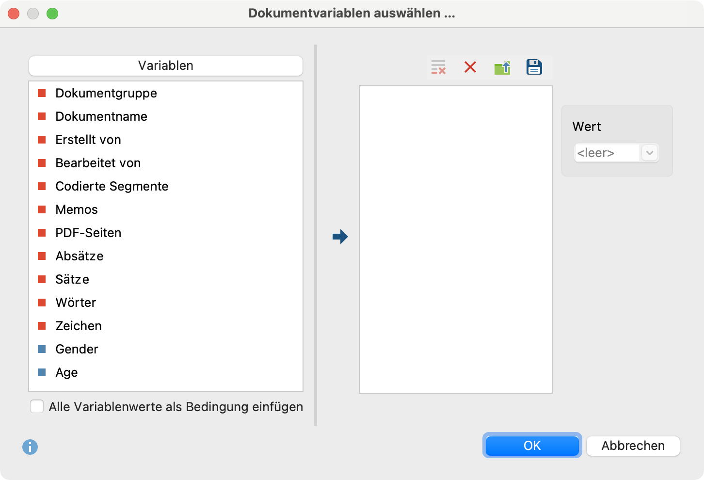 Dokumentvariablen für das Joint Display „Statistik für qualitative Gruppen“ auswählen Dokumentvariablen für das Joint Display „Statistik für qualitative Gruppen“ auswählen