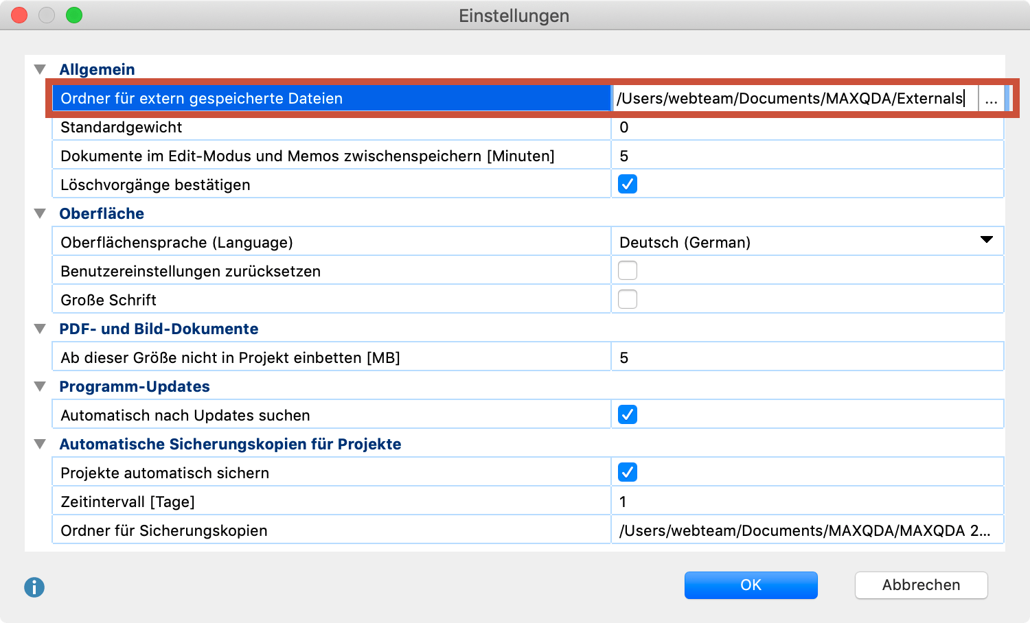 Einstellungen für extern gespeicherte Dateien anpassen Einstellungen für extern gespeicherte Dateien anpassen
