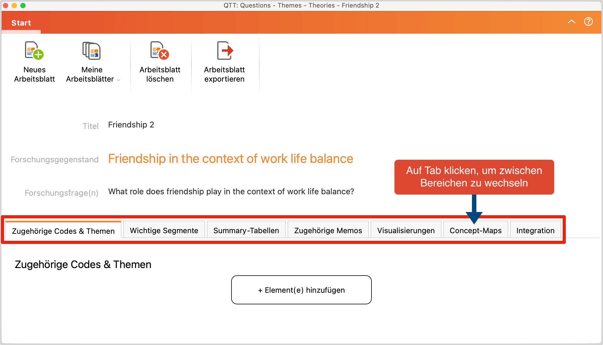 Neu angelegtes Arbeitsblatt im QTT mit typischen Bereichen für eine qualitative Studie Neu angelegtes Arbeitsblatt im QTT mit typischen Bereichen für eine qualitative Studie
