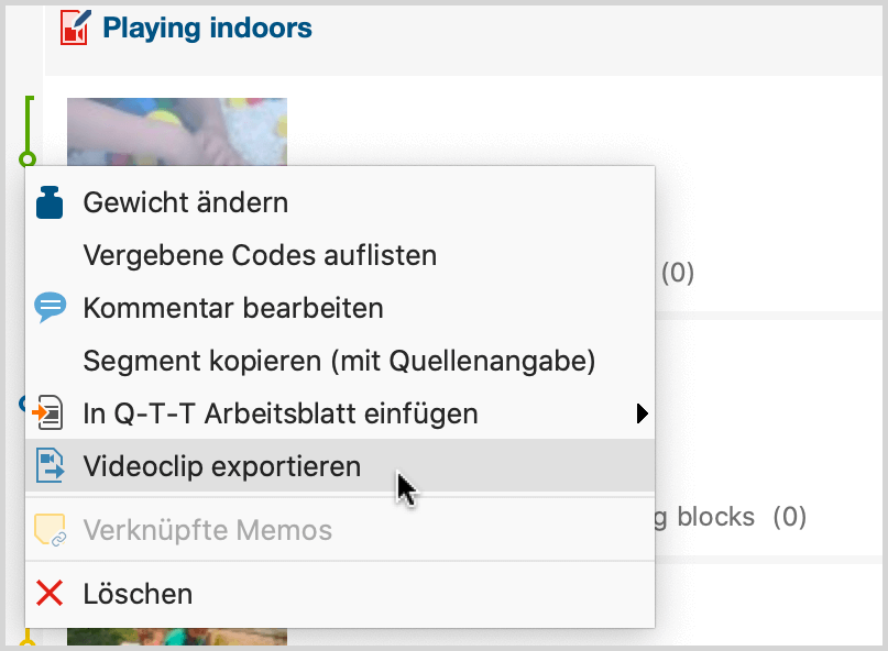 Export eines Videoclips in der „Liste der codierten Segmente“ aufrufen Export eines Videoclips in der „Liste der Codings“ aufrufen
