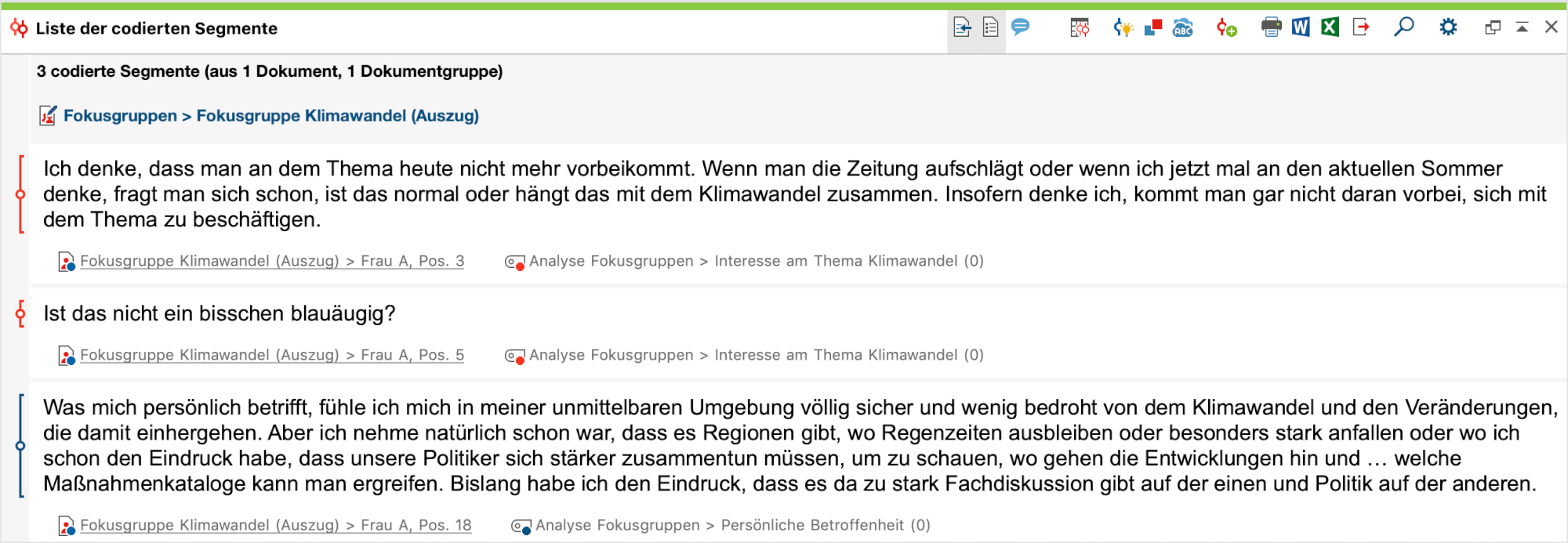 Aussagen eines Teilnehmenden zu einem Thema in der „Liste der codierten Segmente“ Aussagen eines Teilnehmenden zu einem Thema in der „Liste der codierten Segmente“