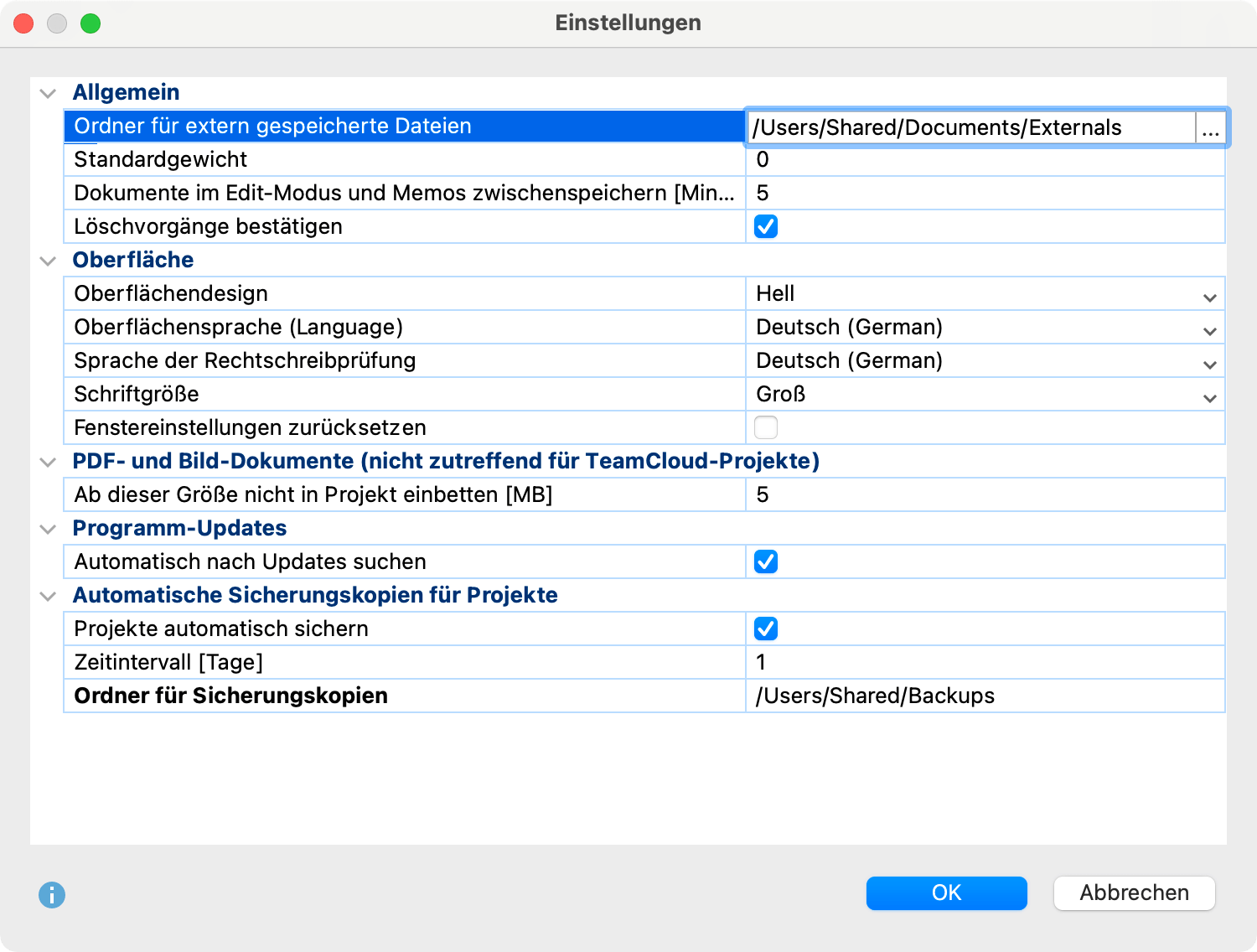 Einstellungen für extern gespeicherte Dateien anpassen Einstellungen für extern gespeicherte Dateien anpassen