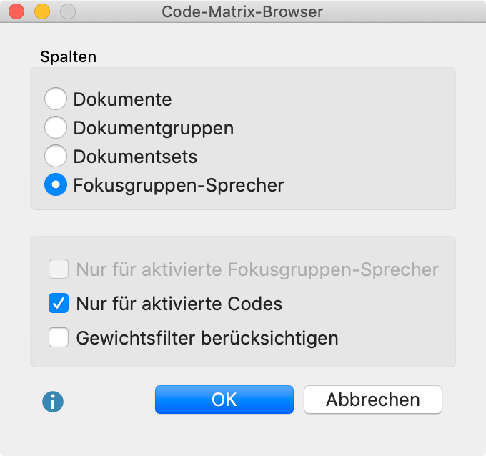 Optionen beim Aufruf des Code-Matrix-Browsers