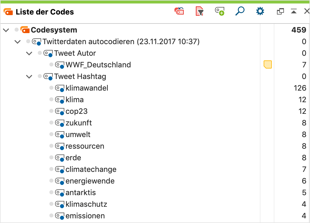 Der automatisch erzeugte Code in der „Liste der Codes“ Der automatisch erzeugte Code in der „Liste der Codes“