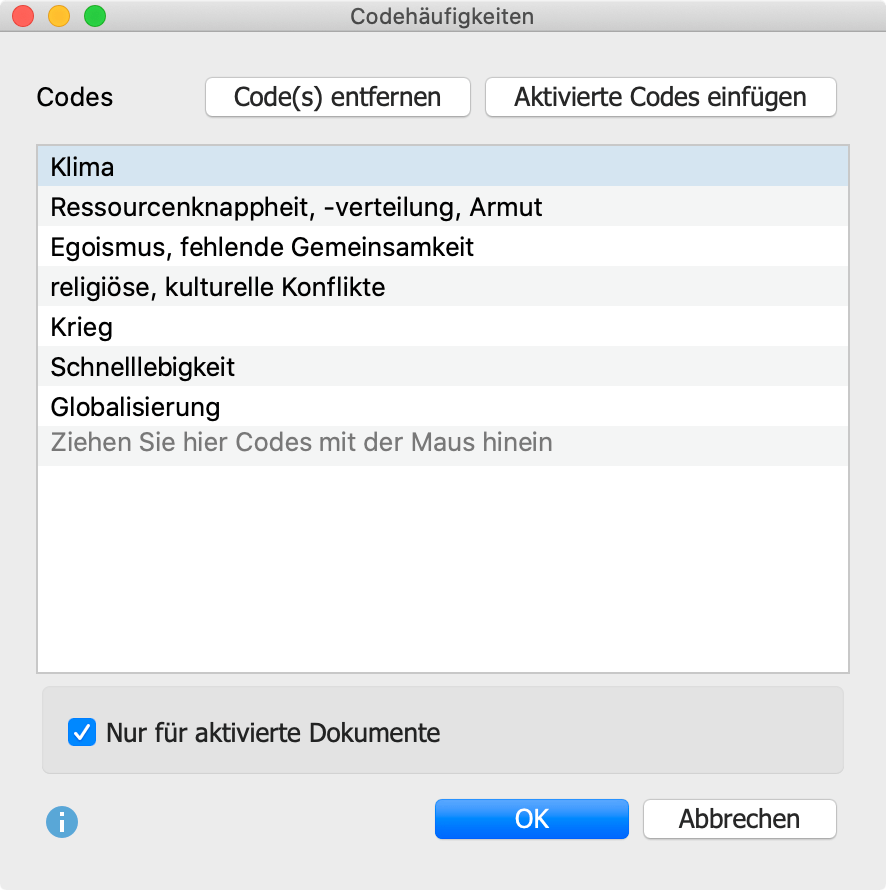 Codes für die Analyse der Codehäufigkeiten auswählen Codes für die Analyse der Codehäufigkeiten auswählen