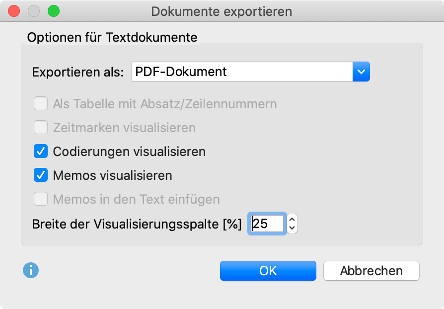 Optionsdialog für den Export von Transkripten Optionsdialog für den Export von Transkripten