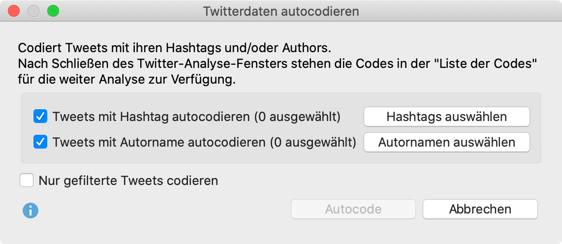 Dialog „Twitterdaten autocodieren“ Dialog „Twitterdaten autocodieren“