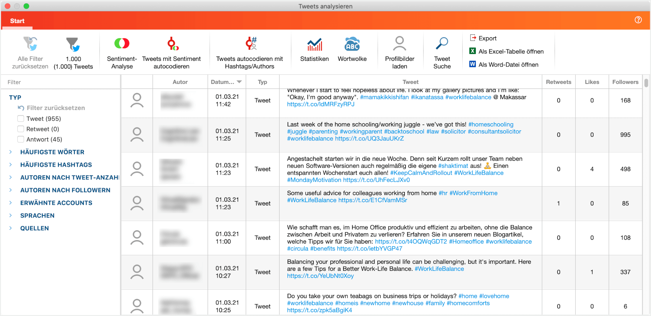 MAXQDA-Ansicht für die Analyse von Tweets MAXQDA-Ansicht für die Analyse von Tweets