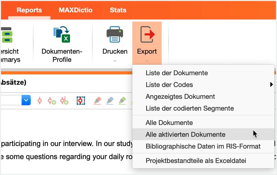 Export starten im Tab „Reports“ Export starten im Tab „Reports“