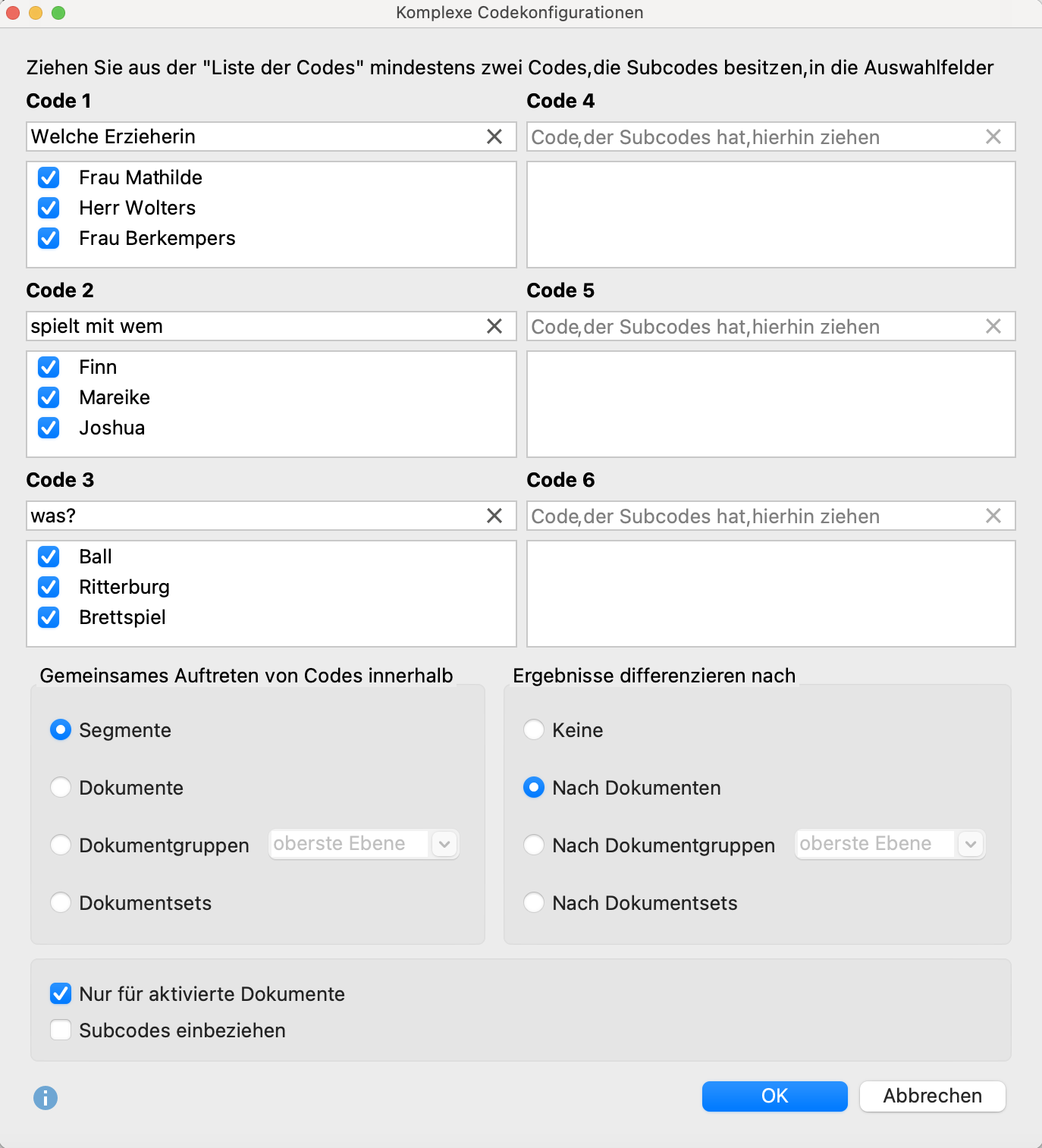 Codes für die komplexen Codekonfigurationen auswählen Codes für die komplexen Codekonfigurationen auswählen