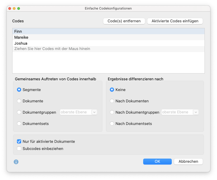 Codes für die einfachen Codekonfigurationen auswählen Einfache Codekonfigurationen: Ergebnistabelle für die Einheit „Segmente“
