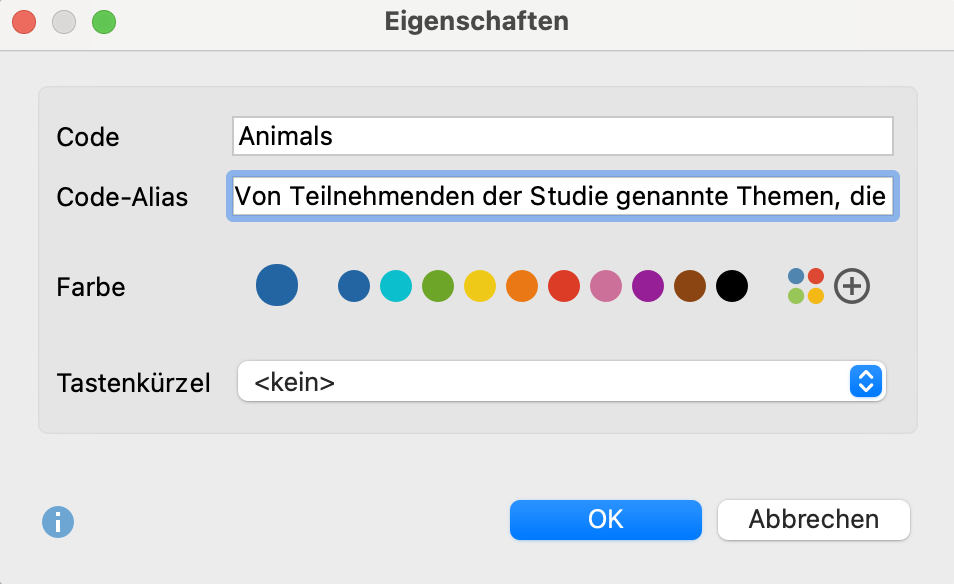 Code Alias für Code im Fenster „Code-Eigenschaften“ vergeben Code Alias für Code im Fenster „Code-Eigenschaften“ vergeben