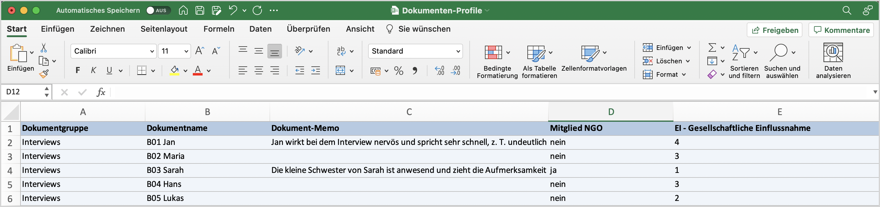 Dokumenten-Pofil-Tabelle Dokumenten-Profil-Tabelle