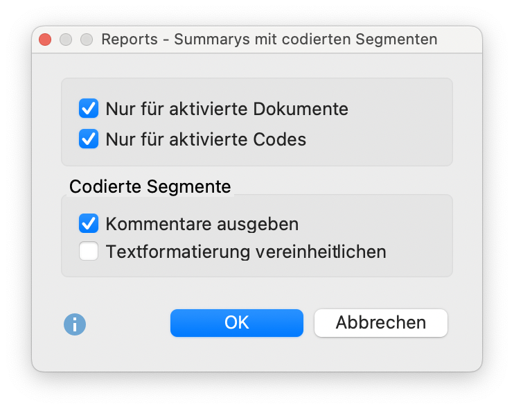 Optionen für den Report „Summarys mit codierten Segmenten“ einstellen Optionen für den Report „Summarys mit codierten Segmenten“ einstellen