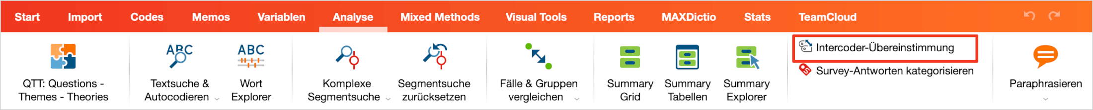 Starten der Intercoder-Funktion auf dem Tab „Analyse“ Starten der Intercoder-Funktion auf dem Tab „Analyse“