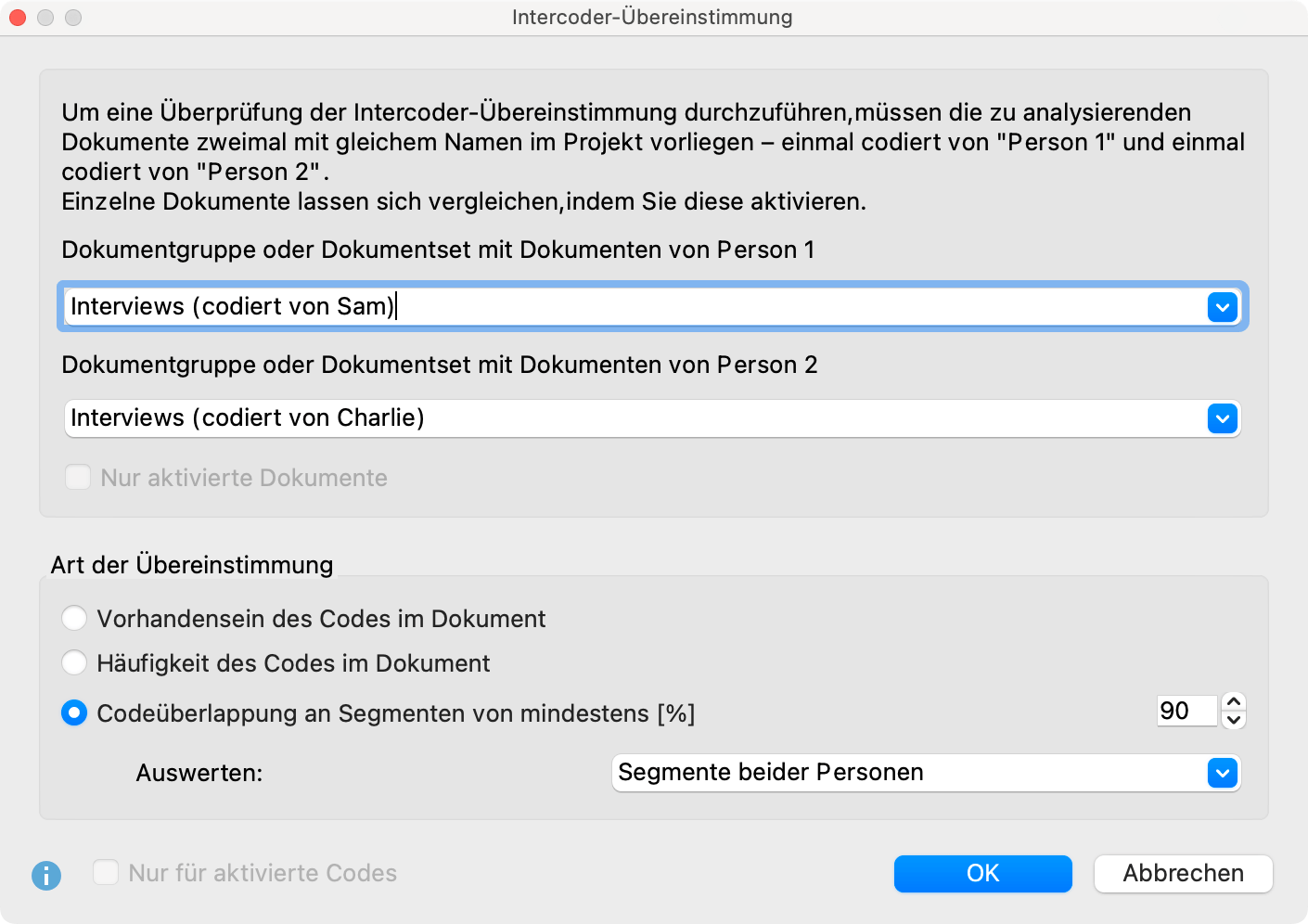 Optionen für die Prüfung der Intercoder-Übereinstimmung Optionen für die Prüfung der Intercoder-Übereinstimmung