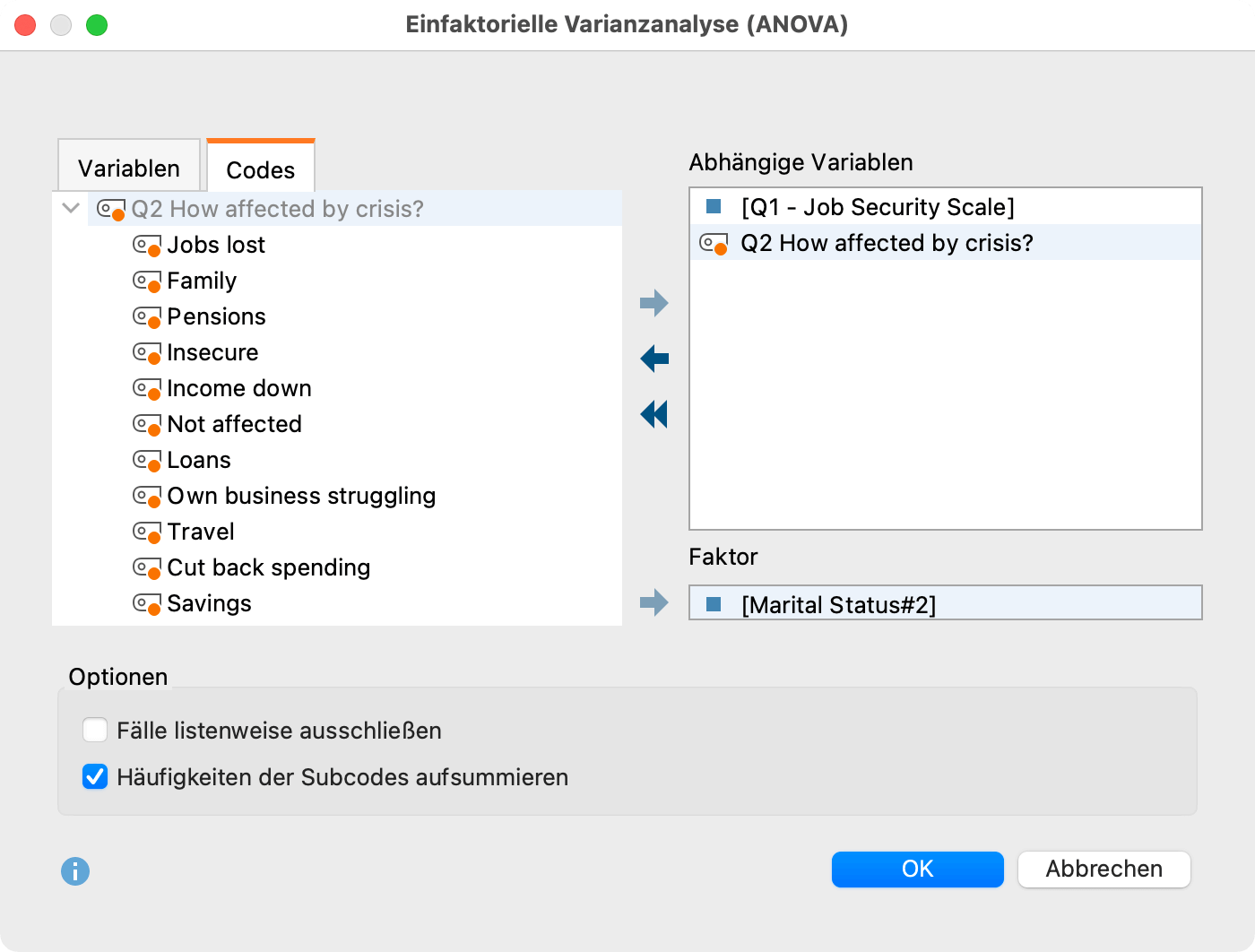 Dialog zur Auswahl der abhängigen Variablen und des Faktors für die Varianzanalyse Dialog zur Auswahl der abhängigen Variablen und des Faktors für die Varianzanalyse