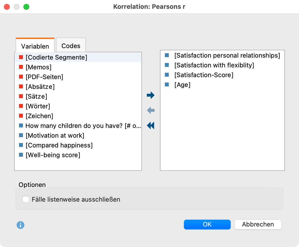 Dialog zur Auswahl der Variablen für die Berechnung von Korrelationen (hier: Pearsons r) Dialog zur Auswahl der Variablen für die Berechnung von Korrelationen (hier: Pearsons r)