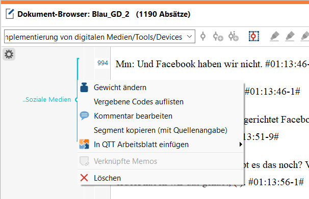 Thematische Analyse: Codierstreifen und Gewicht ändern im Dokument Browser